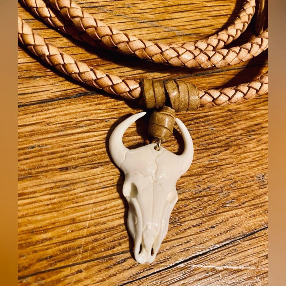 Western Bolo Style Necklace with Cow Skull